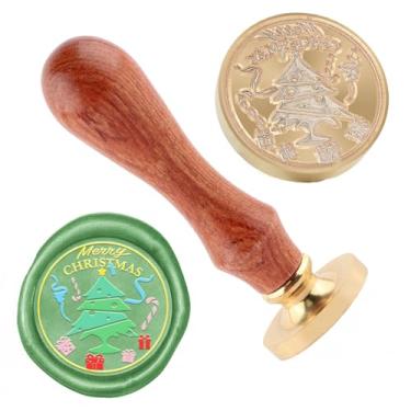 Imagem de Selo de cera de Natal, carimbo de selagem de árvore de Natal, latão e cabo de madeira, cabeça para cartões de Natal, convites, cartas, envelopes, cartões de felicitações, presentes