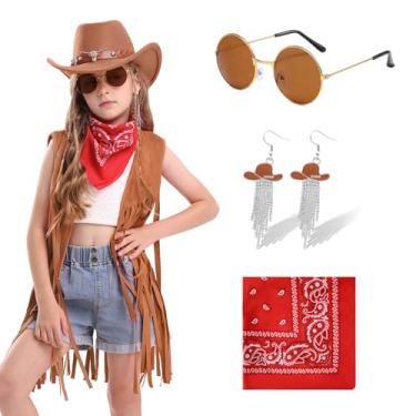 Imagem de Dwieey Roupas de vaqueira para mulheres, 6 peças, acessórios de fantasia de faroeste, chapéu de caubói, colete de franja, brinco para festa de Halloween