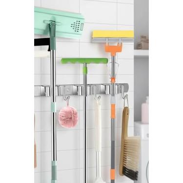 Imagem de Suporte para Vassoura sem Furar Inox 50cm – Organizador de Parede com 9 Acessórios para Lavanderia