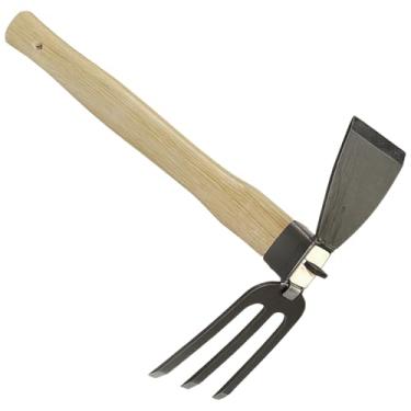 Imagem de Enxada de jardim de carbono de dente de aço com cabo de madeira ergonômico 2 em 1 para remoção de ervas daninhas longas para soltar e cultivar a remoção de ervas daninhas do solo