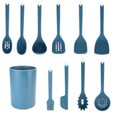 Imagem de Conjunto de utensílios azuis de 11 peças, utensílios de cozinha de silicone, resistente ao calor, inclui espátulas e colheres de suporte, panelas antiaderentes, cabo longo