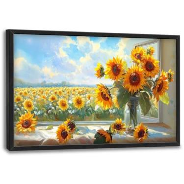 Imagem de Arte de parede de girassol grande para sala de estar, decoração de parede de campo de flores grandes emoldurado paisagem natureza pintura em tela arte moderna para sala de estar banheiro quarto