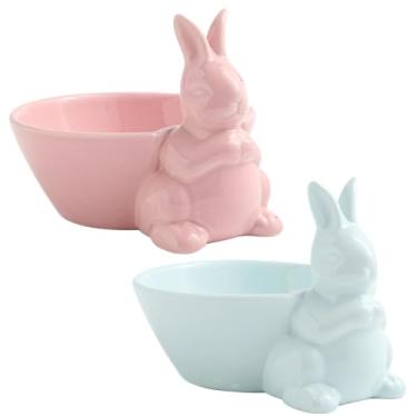Imagem de Conjunto de tigelas de cerâmica 2 peças coelhinho da Páscoa, pratos de coelho e azul, tigelas de sobremesa e frutas, decoração de mesa de Páscoa exclusiva segura fácil de limpar para reuniões de