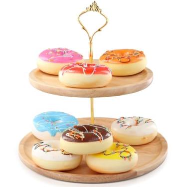 Imagem de Bandeja rústica de duas camadas, suporte de madeira para sobremesas, bolos, cupcakes, café e frutas