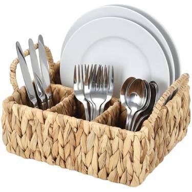 Imagem de Cesta de talheres, suporte de utensílios de jacinto de água, cesta de armazenamento de talheres de 4 compartimentos com alças duplas, suporte de talheres dividido para fazenda, organizador de talheres