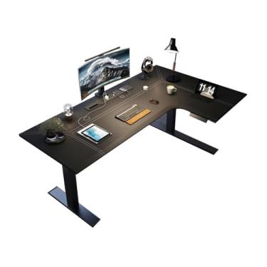 Imagem de Mesa de trabalho Mesa de couro para PC em formato L com altura ajustável, mesa canto elétrica, estação trabalho para sentar e ficar pé tomadas carregamento(M)