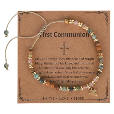 Imagem de Pulseira Cristã para Feminina, Ajustável Religiosa Contas Cruz Pulseira Joias para Presentear em Batizados Crismas e Primeiras Comunhões