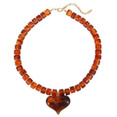Imagem de Cor Âmbar Colar com Coração Grande para Mulheres, Y2K Vintage Colar de Contas Grossas Joia Marcante para Mulheres