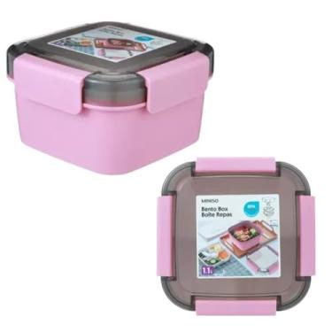 Imagem de Pote Marmita com 2 Compartimentos, Saladeira Rosa com Talher Branco, 1,1 Litros, Material PP, 10,5x10,5x8cm, para Refeições e Lanches