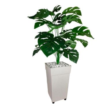 Imagem de Planta Artificial Costela de Adão com Vaso Decorativo Grande em Rattan – Decoração Elegante para Sala ou Casa(Branco)