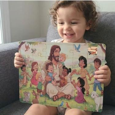 Imagem de Quebra Cabeça Infantil De Madeira Pedagógico Jogo Educativo Bebê Coordenação Motora Fina (Jesus)