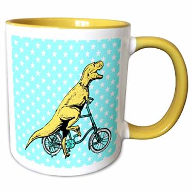 Imagem de 3dRose mug_220842_8 Dinossauro amarelo com bicicleta em fundo estrelado azul e branco, caneca, 325 ml
