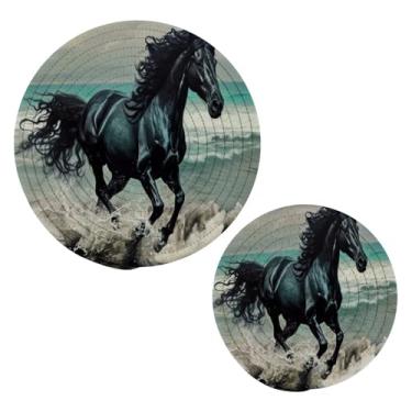 Imagem de Blueangle 2 peças de suporte de panela de cavalo marrom escuro - conjunto de pegadores de panela de tecido redondo - almofadas quentes trançadas de algodão - porta-copos - tapetes de mesa para