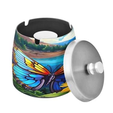 Imagem de Blueangle Cinzeiro de borboleta de girassol com tampa para cigarros, à prova de vento/chuva, aço inoxidável, sem fumaça, inodoro, cinzeiro para uso interno ou externo (432)
