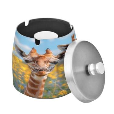 Imagem de Blueangle Cinzeiro engraçado de rostos de girafas com tampa para cigarros, à prova de vento/chuva, aço inoxidável, sem fumaça, inodoro, cinzeiro para uso interno ou externo (425)