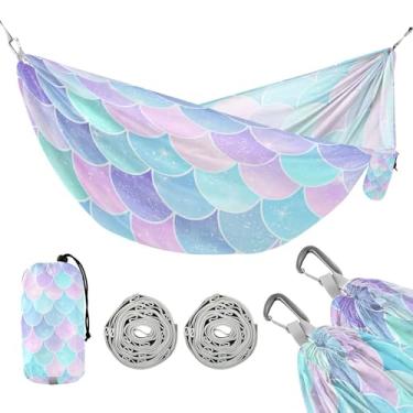 Imagem de ATTX Linda rede de acampamento com escamas de sereia – Redes leves e portáteis, capacidade de 150 kg para uso interno, caminhadas, mochilão, viagens, quintal, praia (355)