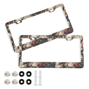 Imagem de SEHANY Molduras de placa de carro vintage rosa crânio, capas de alumínio à prova de ferrugem com furos elípticos e parafusos serve para veículos padrão dos EUA tamanho acessórios de carro para