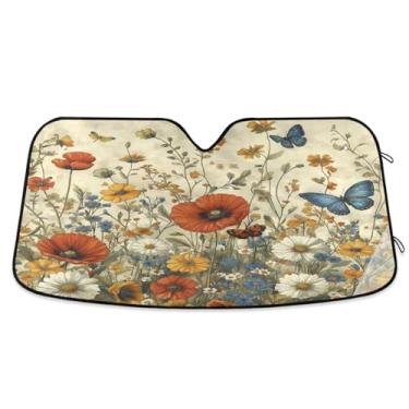 Imagem de ATTX Para-brisa de carro de flores silvestres e borboletas 139.7 cm x 70.1 cm Protetor solar universal com proteção UV, persiana de janela frontal automática dobrável para caminhões Sedans SUVs #463