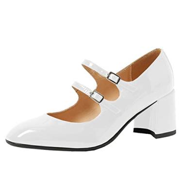 Imagem de Sapato feminino elegante fechado bico redondo de couro envernizado dupla alça monk vintage salto baixo sapato Mary Jane, Branco, 40