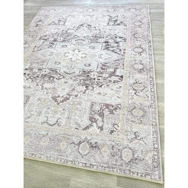 Imagem de Tapete persa moderno envelhecido, terracota vintage inspirado medalhão geométrico, tapetes de área grande para sala de estar, quarto, banheiro, cozinha, casa (861 PP, 5 x 7 cm)