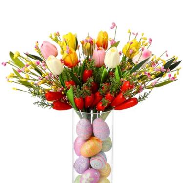 Imagem de Maysing 16 hastes artificiais de Páscoa com cenouras e tulipas coloridas, hastes de frutas silvestres para arranjos florais de primavera, mesa de casa, centro de mesa, decoração de vaso e decorações