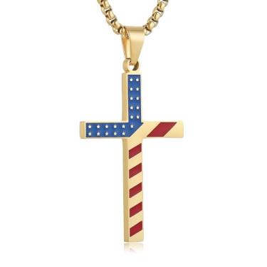 Imagem de HZMAN Colar de cruz com bandeira americana, coleção patriótica, pingente de esmalte de aço inoxidável com corrente de 56 cm em ouro, prata, preto, presente para ele ou ela, Aço inoxidável, Sem Pedra