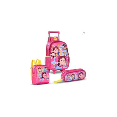 Imagem de Maria Clara & JP Mochila Infantil de Rodinha, Poliéster com Glitter, Rosa, 40x30x13cm, com Chaveiro e Rodinhas de Silicone