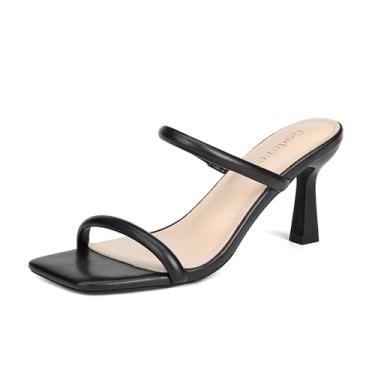 Imagem de Goderci Salto gatinho feminino com duas tiras mules meio quadrado aberto sandália de salto sem cadarço, Preto, 36