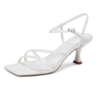 Imagem de Sandálias femininas de salto alto com tiras quadradas de bico aberto e tira no tornozelo, Branco, 40