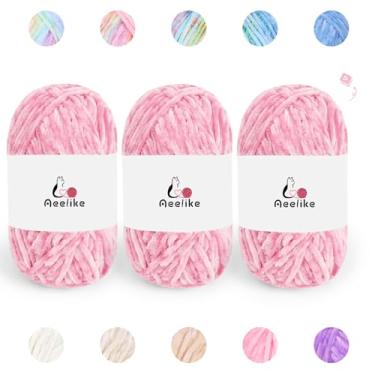 Imagem de Fio de chenille com vídeo tutorial de como ver pontos, pacote com 3 fios de veludo (rosa) poliéster 100 g/10,5 oz 4 fios médios (penteados) fáceis de crochê para iniciantes, ideal para brinquedos de