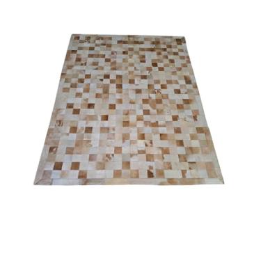 Imagem de Tapete de Couro Natural Costurado com Padrão Quadriculado, Tons Bege Malhado, 3,00 x 2,50m, com Bordas Premium e Base Antiderrapante