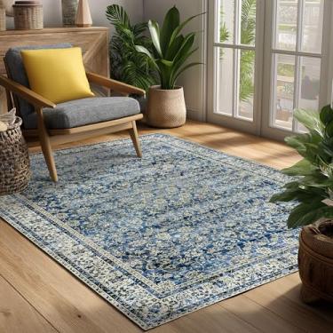 Imagem de Tapetes laváveis à máquina, 10 x 15 cm, azul, de pelo baixo, macio, para sala de jantar, vintage, floral, estilo envelhecido, azul escuro, 10 x 15 cm, tapete para sala de estar, escritório, pequeno