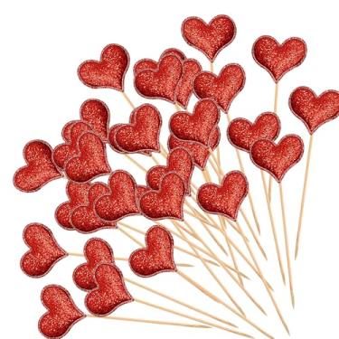 Imagem de 100 palitos de coquetel de coração vermelho, palitos de coração de 4,7 polegadas para aperitivos, picaretas de comida de bambu chiques para enfeitar bebidas em palitos de espetos de frutas para dia