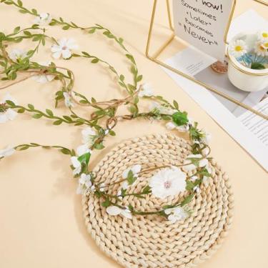 Imagem de Tiara de flor branca coroa de cabelo floral de fada boho, com folhas, fita de videira, guirlanda, artesanato, argola de cabelo embrulhado para mulheres, acessórios de festa de casamento, decoração de