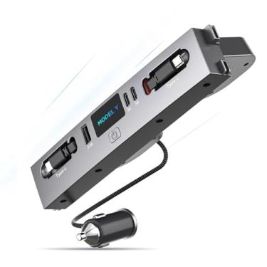 Imagem de Mowlicas Hub USB para novo Tesla Model Y (Juniper) 2026/2025, carregador rápido duplo tipo C de 132 W, cabo retrátil e estação de ancoragem de 3 portas para iPhone 16/15 e mais