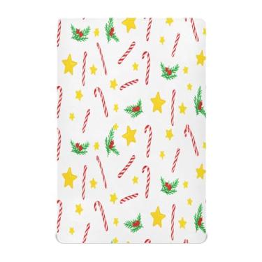 Imagem de Qilmy Lençóis de berço de Natal doces estrelas e bengalas, de microfibra macia, respirável, elástico, lençol com elástico para meninos e meninas, miniberço, 99 cm x 68,5 cm, capa de colchão infantil