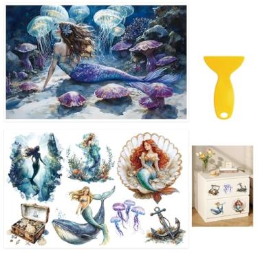 Imagem de HICOHAND Embrulho de copo UV DTF com tema sereia, 2 peças de adesivos grandes vintage de sereia à prova d'água para estante, guarda-roupa, porta de casa