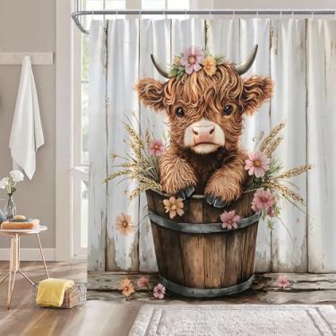 Imagem de ZNLSU Cortina de chuveiro de vaca Farmhouse Highland rústica vintage porta de celeiro lindas flores de vaca do oeste animal de fazenda 177.8 cm WX70 H cortina de tecido de banheiro com ganchos