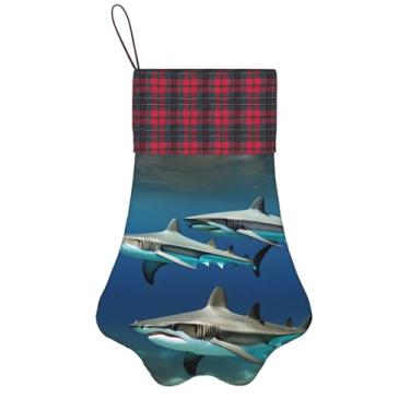 Imagem de Meias de Natal com estampa de tubarões martelo, animais de estimação, decoração de Natal, cães, gatos, árvores, doces, presente, conveniente