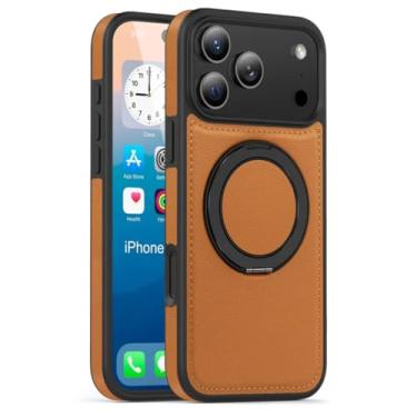 Imagem de SFDSUH Capa de couro para iPhone 16e com suporte magnético giratório 360° em metal (para iPhone 16e/marrom)