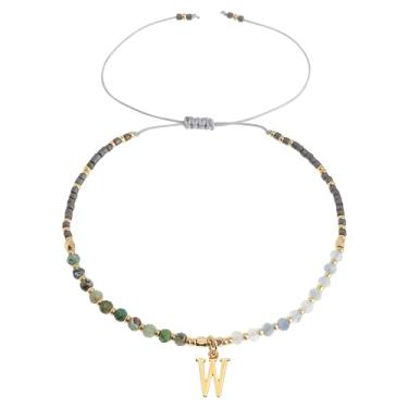 Imagem de Frigotine Pulseiras com inicial de pedra natural com contas douradas para mulheres e adolescentes, boêmio feito à mão cinza preto personalizado contas de pedra turquesa nome da letra pulseira