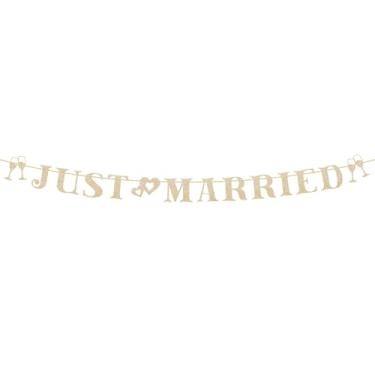 Imagem de Faixa pré-amarrada Just Married, guirlanda dourada com glitter para casamento com champanhe para chá de panela, noivado, despedida de solteira, recepção de casamento, adereços de fotos, decorações de