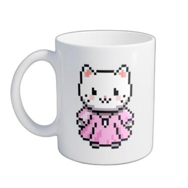 Imagem de Caneca Xícara de Café Porcelana 300ml Gato Vestido Rosa Pixel Art