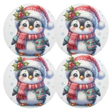 Imagem de Jogo americano fofo de inverno pinguim redondo de 38 cm, tapetes de mesa de PVC, 4 jogos americanos de mesa de cozinha laváveis