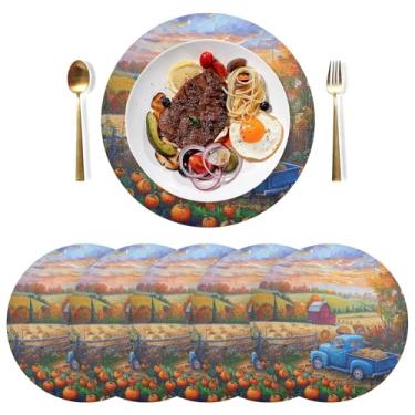 Imagem de Jogo americano de fazenda de colheita de outono, conjunto de 6 jogos americanos redondos de cozinha de PVC, decorações de mesa de 38 cm para sala de jantar resistentes ao calor para festa de Natal