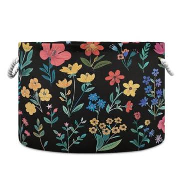 Imagem de Wassud Cesta de armazenamento de flores simples com alças cesto de lavanderia caixas de armazenamento redondas de lona cobertor de armazenamento para berçário 50,8 x 50,8 cm x 35,5 cm