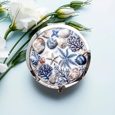 Imagem de Espelho de maquiagem dobrável estrela do mar – Espelho redondo portátil de 7 x 7 cm, perfeito para uso diário e presentes