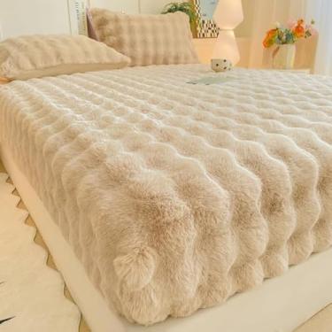 Imagem de Kimko Lençol de elástico marrom felpudo liso caramelo, protetor de colchão felpudo confortável para outono inverno primavera com elástico forte em toda a volta 【Item único: lençol com elástico * 1