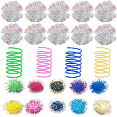 Imagem de Muluo 32 bolas enrugadas para gatos e brinquedo de mola para gatos, 12 bolas de enrugamento Mylar, 10 molas espirais para gatos, 10 bolas brilhantes pompons de tinsel, para gatos e gatinhos brincando