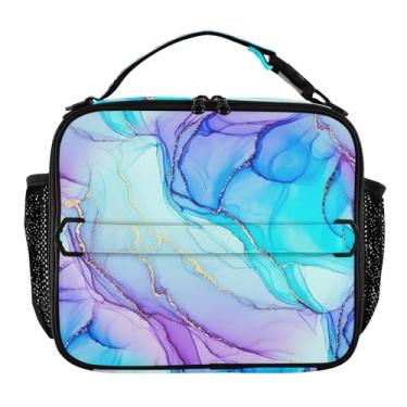 Imagem de Lancheira em aquarela azul roxa para mulheres, meninas, lancheira com alça de ombro masculina e infantil, lancheira para trabalho, escola, estampa animal, bolsa térmica